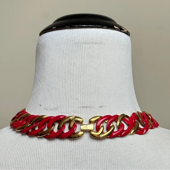 Vintage Napier Chunky Chain Link Statement Necklace Red Gold Tone - Picture 4 of 8